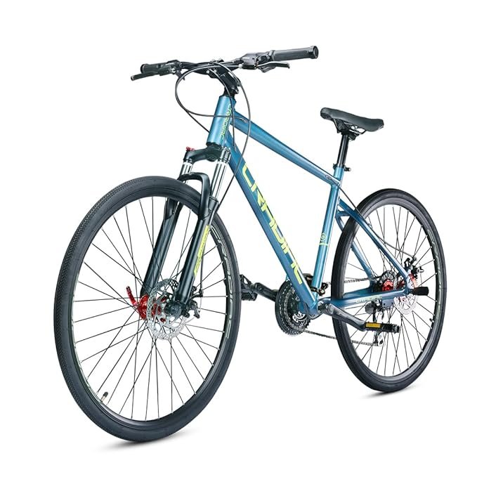 Cradiac Gunner PRO 21 Speed 6061 Alloy Hybrid Cycle 21 Geared Bicycle for Men with Front Lockout Suspension & Disc Brake Hybrid Bike | Ideal for 15+ Years, Unisex, Frame Size : 18.5 Inch, Teal Blue