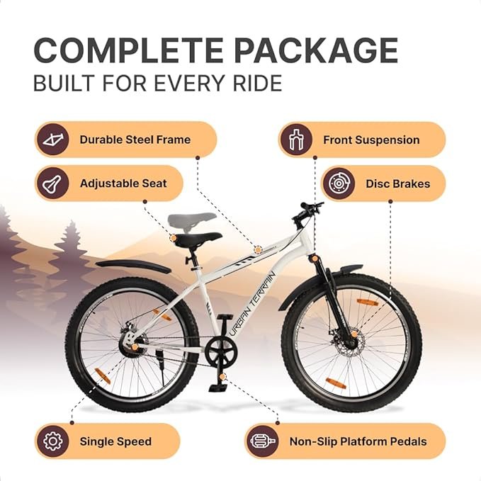 Urban Terrain Bolt Steel Cycle/Bicycle MTB 27.5 inch Single Speed with Front Suspension & Dual Disc Brake Cycle for Men/Boys Mountain Bike UT5000S27.5 | Ideal for 15+Years,Frame Size :17.5 inch(White) - Image 2
