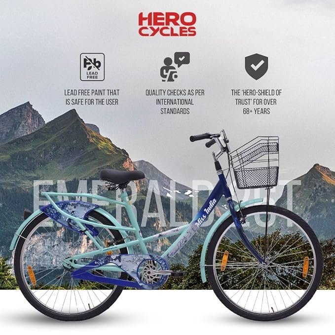 Hero Emerald 26T Single Speed Bicycle for Women/Girls with Basket and Inbuilt Carrier | Blue | Rigid | V Brake | 18" Steel Frame | Rider Height : 5ft 0" - 5ft 8" | 85% Pre Assembled Bicycle - Image 3