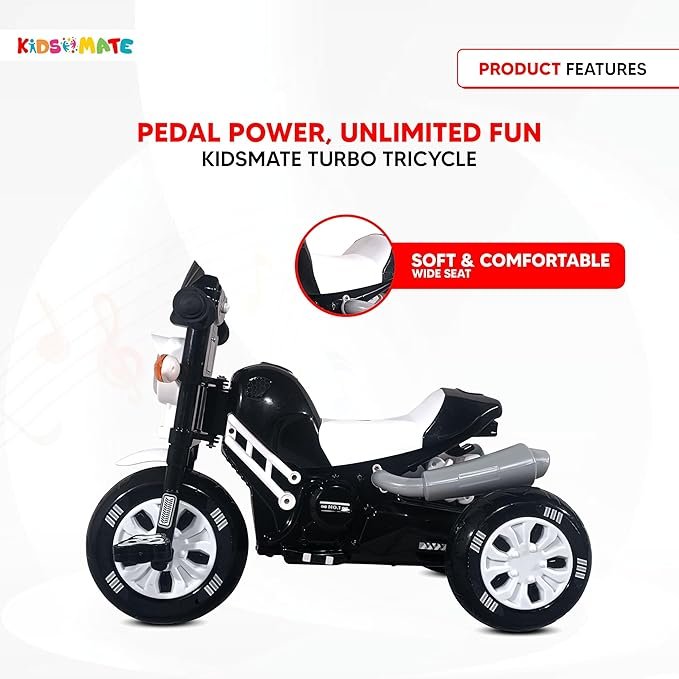 Kidsmate Turbo Bike Pedal Tricycle for Kids | Musical Horn & Lights | Ages 3-6 | Black-White - Image 3